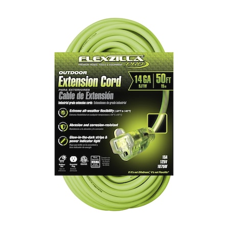 Flexzilla SJTW Extension Cord, 14 AWG, Outdoor, 14/3, 1 Outlets, Green, 50 ft FZ512730
